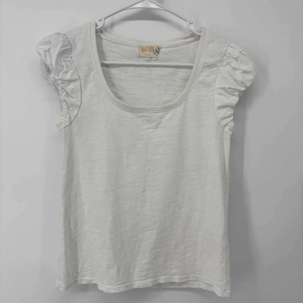 Nation LTD White Short Sleeve Ruffle Shoulder Tee